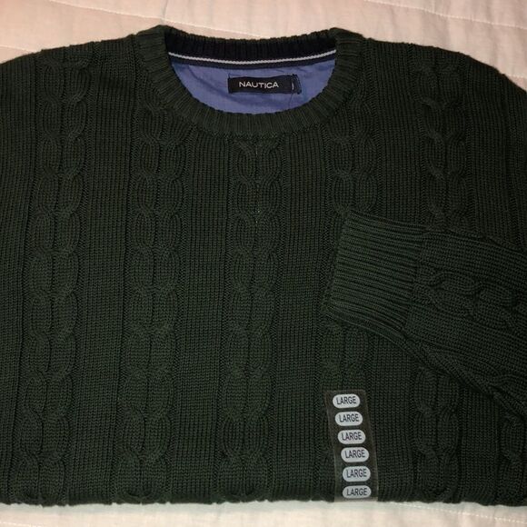 Nautica L Cotton Emerald Green Cable Knit Crewneck Sweater - Picture 3 of 14